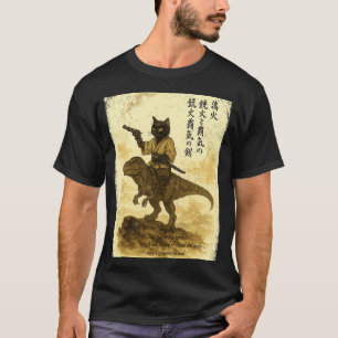 T-shirt Chat de calligraphie japonaise chevauchant un dino