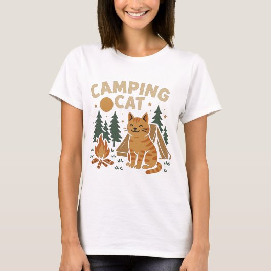 T-shirt Chat de camping avec tente et feu de camp (Devant)