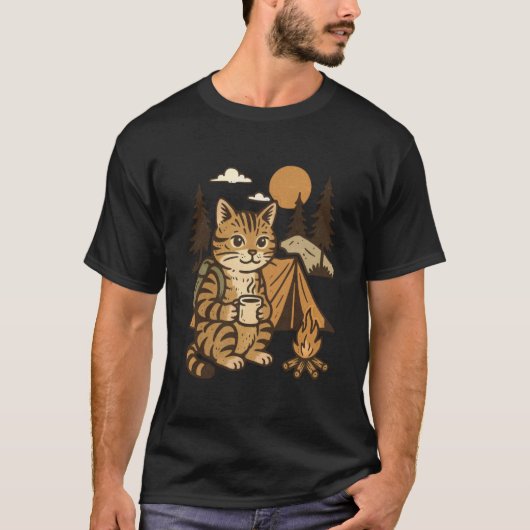 T-shirt Chat de camping drôle au feu de camp (Devant)