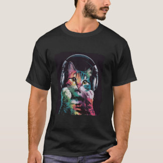 T-shirt Chat de couture coloré amusant avec casque pour Lo