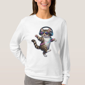T-shirt Chat de danse cool avec casque audio et lunettes d