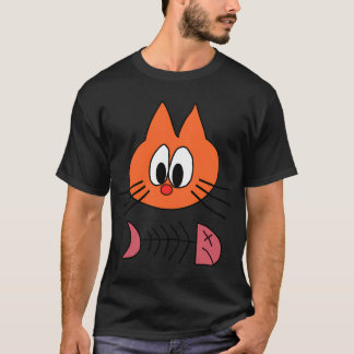 T-shirt Chat de dessin animé orange avec restes de poisson