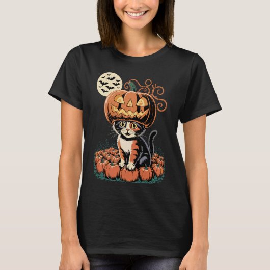 T-shirt Chat de Halloween Citrouille (Devant)
