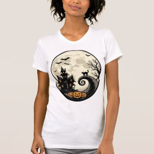 T-shirt Chat de Halloween Vintage Maison Hantée Lune Vecte