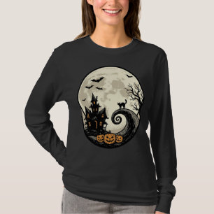 T-shirt Chat de Halloween Vintage Maison Hantée Lune Vecte