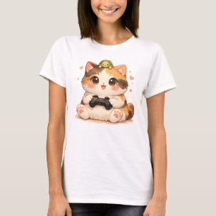 T-shirt Chat de joueur mignon avec tortue, minou de jeu vi