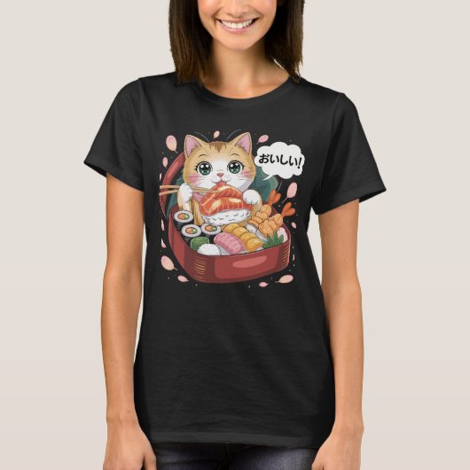 T-shirt Chat de Kawaii avec sushi (Devant)