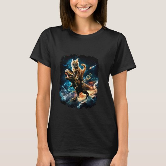 T-shirt Chat de l'espace chevauchant le dinosaure T Rex 1 (Devant)