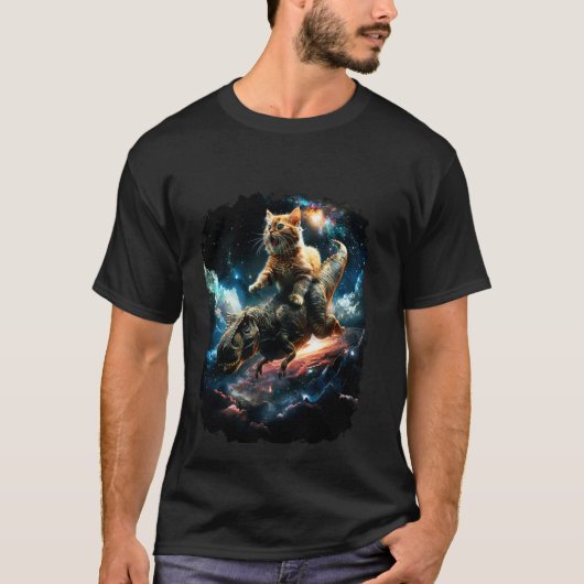 T-shirt Chat de l'espace chevauchant le dinosaure T Rex 2 (Devant)