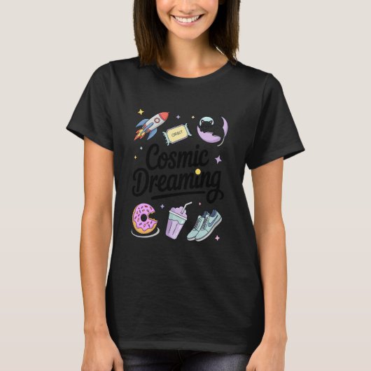 T-shirt Chat de l'espace rêvant cosmos Fusée Lune Étoiles (Devant)