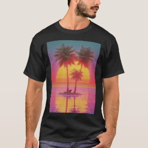 T-shirt Chat de l'île néon de rêve au coucher du soleil