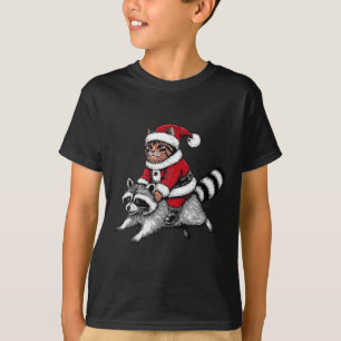 T-shirt Chat de Noël à Cheval sur un Raton laveur Noël Hom
