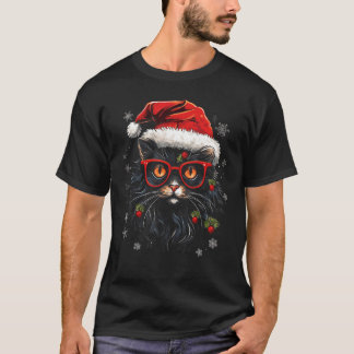 T-shirt Chat de Noël Chapeau de Père Noël Lumières de Noël