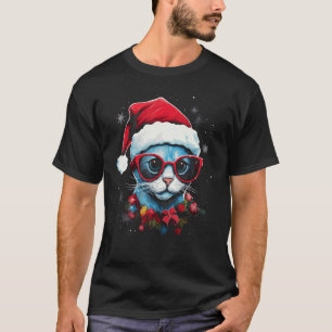 T-shirt Chat de Noël Chapeau de Père Noël Vêtements de Fêt