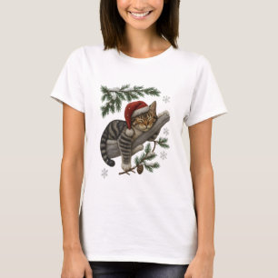 T-Shirt Chat de Noël Endormi sur Branche enneigée