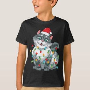 T-shirt Chat De Noël Enveloppé Dans Des Lumières Colorées 