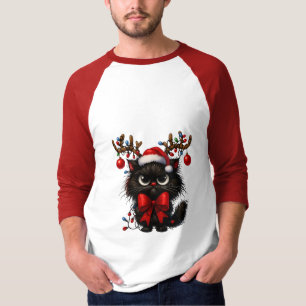 T-shirt Chat de Noël grincheux avec chapeau de Père Noël e
