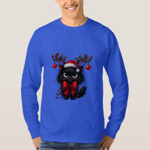 T-shirt Chat de Noël grincheux avec chapeau de Père Noël e