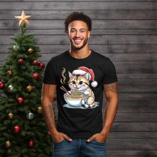 T-shirt Chat de Noël Manger des Ramen Mignon Kitty de Noël