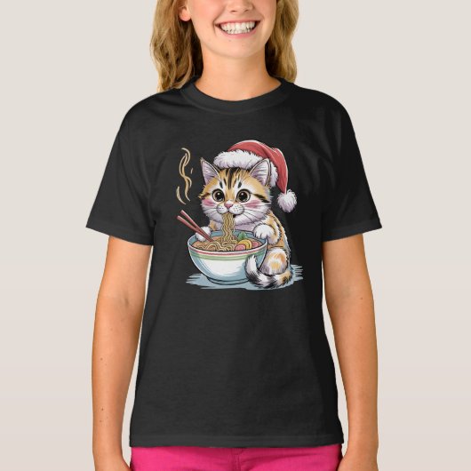 T-shirt Chat de Noël Mignon Mangeant des Ramen (Devant)