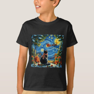 T-shirt Chat de Noël Nuit Étoilée Vacances Van Gogh Noël S
