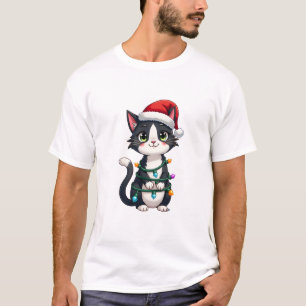 T-shirt Chat de Noël Smoking chat noir de Noël lumières mi
