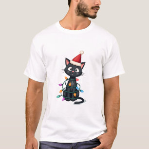 T-shirt Chat de Noël Smoking chat noir xmas lumières minou