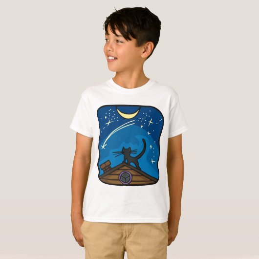 T-shirt Chat De Nuit Sur Un Toit (Devant entier)