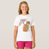 T-shirt Chat de plage avec parapluie rose et vert (Devant entier)
