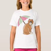 T-shirt Chat de plage avec parapluie rose et vert (Devant)