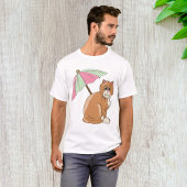 T-shirt Chat de plage avec parapluie rose et vert