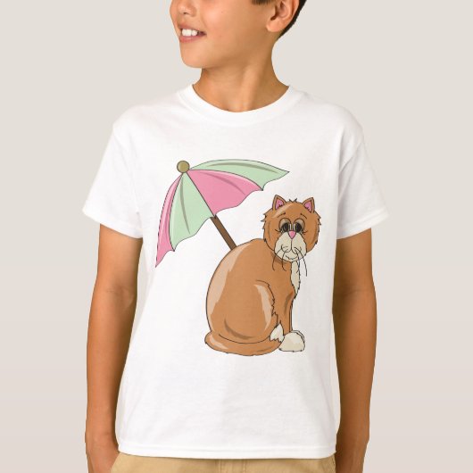 T-shirt Chat de plage avec parapluie rose et vert (Devant)