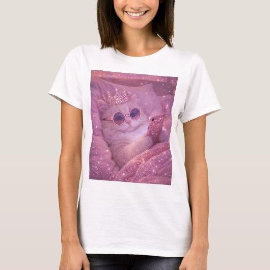 T-shirt Chat de princesse gâtée textant au lit (Devant)