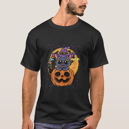 T-shirt Chat de sorcière Citrouille Halloween Costume Kitt (Devant)