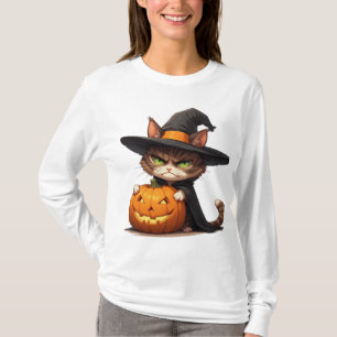 T-shirt Chat de sorcière grincheux avec citrouille Hallowe