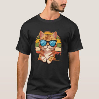 T-shirt Chat de style vintage orange portant des lunettes