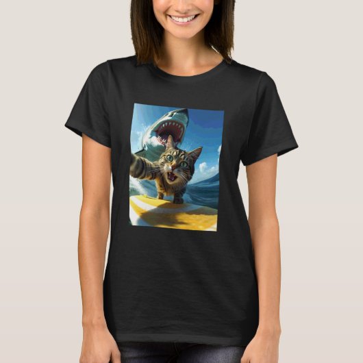T-shirt Chat de surf drôle selfie avec requin Meme (Devant)