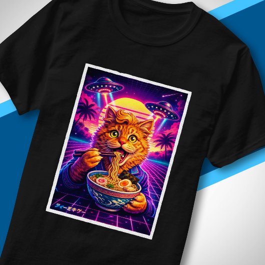 T-shirt Chat de synthwave OVNI mangeant du ramen Cyberpunk
