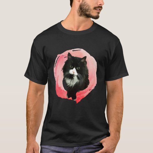 T-shirt Chat De Tuxedo Fluffé En Liquide Rose (Devant)