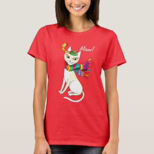 T-shirt chat décoratif blanc dans un chapeau et une écharp
