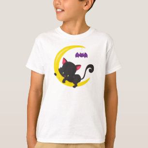 T-shirt Chat d'Halloween, Chat mignon, Chat noir, Lune, Ch
