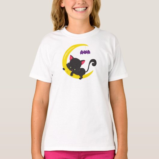 T-shirt Chat d'Halloween, Chat mignon, Chat noir, Lune, Ch (Devant)
