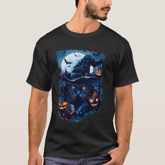 T-shirt Chat d'Halloween effrayant avec graphique de chape (Devant)