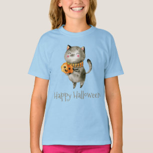 T-shirt Chat d'Halloween mignonne avec chemise à manches C