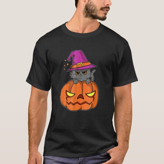 T-shirt Chat D'Halloween Portant Un Casquette De Sorcière  (Devant)