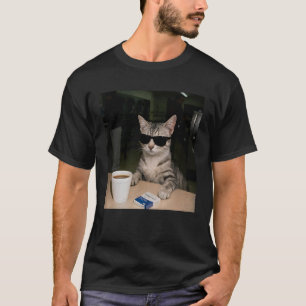 T-shirt Chat Drôle Buvant du Café Lunettes de Soleil Anima