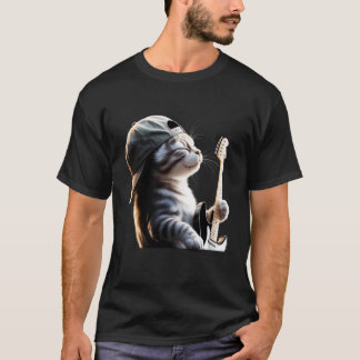 T-shirt Chat Drôle Jouant de la Guitare Électrique Acousti