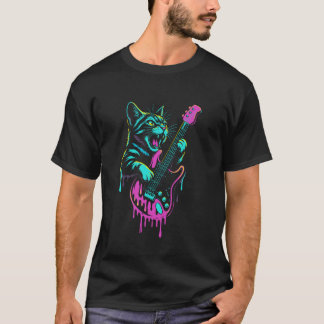T-shirt Chat drôle jouant du rock and roll avec une guitar