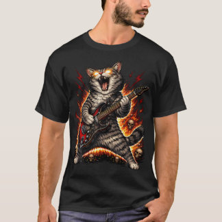 T-shirt Chat Drôle Jouant Du Rock And Roll De Guitare Pour