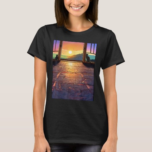 T-shirt Chat drôle longue fenêtre avec sol (Devant)